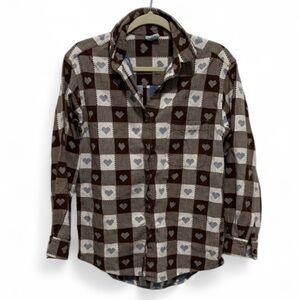 Vintage Cascade Blues Heart Print Checkered Long Sleeve Button Down Shirt